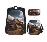 LPLSNWS Large capacity Red Tractor printed backpack set, adjustable multifunctional lunch box and pencil case set