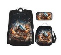 LPLSNWS Large capacity Rugby on Fire printed backpack set, adjustable multifunctional lunch box and pencil case set