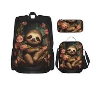 LPLSNWS Large capacity Sloth surrounded by roses printed backpack set, adjustable multifunctional lunch box and pencil case set