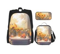 LPLSNWS Large capacity Sunflowers under the windowsill printed backpack set, adjustable multifunctional lunch box and pencil case set