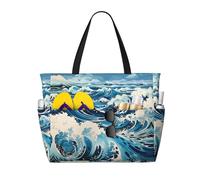 LPLSNWS Large-capacity Ukiyo-e style waves printed beach bag - suitable for vacations, camping, moving, shopping, and more.