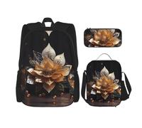 LPLSNWS Large capacity White delicate lotus flower printed backpack set, adjustable multifunctional lunch box and pencil case set