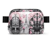 LPLSNWS Paris Street Eiffel Tower Pink Floral Waist Bag, Black, Polyester, Zipper Closure, 110 cm Strap, 19 x 5.5 x 13 cm, Hand Wash Only
