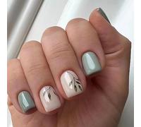 LPOODDNU 24pcs Short Square False Nails, Lake Green Leaf Design, Full Cover Glossy Nude Acrylic Nails, ABS Material, for Women