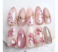 LPOODDNU 3D Handmade Press on Nails with Exquisite Designs Medium Almond Fake Nails Pink Cherry Blossom Flowers Stick on Nails 3D Gold Bow French Acrylic Nails Pearl Nails for Women Daily Wear