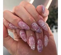LPOODDNU 3D Press-on Nails - Handmade, Charms, Flower, Pearl, Pink, French, Acrylic, Almond Shape, Very Cute, Medium Stick-on Nails for Women, 24pcs