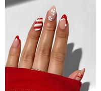 LPOODDNU Christmas French Santa Hat Fake Nails Red & White Snowflake Red Bow-knot Glossy Striped Pattern Glue On Nails Women's Set