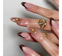 LPOODDNU Gold Star Press on Nails French Tip Fake Nails - Almond Shaped Medium Length 3D Designs Glue on Nails, Reusable Stick on Nails, 24Pcs Acrylic False Nail Kit for Women Manicure