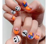 LPOODDNU Halloween Press on Nails Short Square Fake Nails with Mummy Designs Glossy Glue on Nails Full Cover Short Halloween Nails Press ons for Women and Girls Nail Art Decorations 24 Pcs