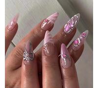 LPOODDNU Handmade Press on Almond Shape Fake Nails - 3D Pink Glue on Nails with Bow-knot Charm Pearl Designs - Glossy Pink False Nails - Cute Stick on Nails - Medium Length for Women, 24Pcs