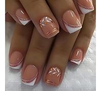 LPOODDNU Short Square Press on Nails - French Tip Fake Nails with Glitter Leaf Designs, Glossy Finished Reusable Stick on Nails with Glue Tabs - 24Pcs False Nail Kit for Women Manicure