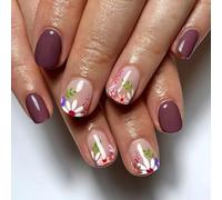 LPOODDNU Spring Press on Nails Short Flowers Fake Nails - Square Shape Brown Colored Flower Nails Press on Small Daisy Glue on Nails Full Cover Artificial Nails Short Stick on Nails for Women, 24Pcs