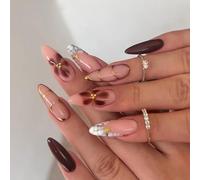 LPOODDNU Spring Summer Flower Press on Nails Almond Shape Fake Nails Full Cover Five-petaled Flowers Glue on Nails Medium Stick on Nails Glossy Red Acrylic False Nails Glue on Nails for Women 24Pcs