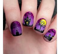 LPOODDNU Square Fake Nails Halloween Full Cover Design Black Night Bat Antique Castle Wilted Tree Glossy Purple Nails for Women Girls