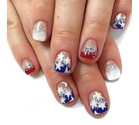 LPOODDNU Square Press on Nails Short Fake Nails, Blue Red Press on Nails Independence Day Designs Cute Nail Art Decorations Glossy Full Cover Glitter Star Glue on Nails for 4th of July, 24pcs