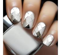 LPOODDNU Square Press on Nails Short Fake Nails Silver White French Nails Press ons Cute Diamond Pattern Glue on Nails Acrylic Stick on Nails Kit, 24Pcs