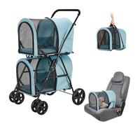 LPOTIUS Double Pet Stroller for 2 Cats or 2 Dogs with Detachable Carriers | Foldable, 22 lb Per Carrier, 2 Safety Tethers Each, Side Pockets; 5.5-Inch Swivel Front and 7.5-Inch Rear Wheels with Brakes