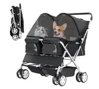 LPOTIUS Double Pet Stroller for 2 Dogs & Cats, Side-by-Side, Black | Foldable Two-Seater with Separate Cabins, 44 lb Capacity, Dual Baskets and Safety Tethers for Walks, Travel and Vet Visits