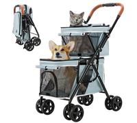 LPOTIUS Double Pet Stroller for Dogs and Cats, One-Hand Folding, Blue | One-Hand Fold Two-Tier Stroller with Separate Cabins, 44 lb Capacity, 4 Tethers, Locking Front Wheels and Rear Brakes