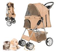 LPOTIUS Pet Stroller for Small Dogs and CatsQuick-Folding Portable Travel Cat Dog Stroller with Storage Basket and Cup Holder, 4 Wheels, Beige