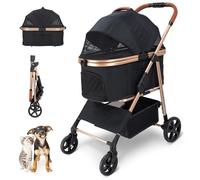 LPOTIUS Pet Stroller for Small/Medium Dogs & Cats, No-Zip Foldable Dog Stroller with Detachable Carrier, Cup Holder and Storage Basket, One-Click Fold, One-Foot Brake, 37 lbs Capacity, Black