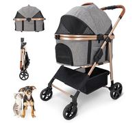 LPOTIUS Pet Stroller for Small/Medium Dogs & Cats, No-Zip Foldable Dog Stroller with Detachable Carrier, Cup Holder and Storage Basket, One-Click Fold, One-Foot Brake, 37 lbs Capacity, Gray