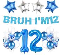 LPPIIUSSU 12th Birthday Decorations Balloon Boys - 19 Pcs Blue Bruh I'M 12 Glitter Banner Number 12 Foil Latex Balloons Party Decoration for Girls 12 Years Old Birthday Celebration Decor Supplies