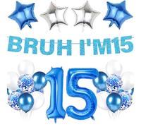 LPPIIUSSU 15th Birthday Decorations Balloon Boys - 19 Pcs Blue Bruh I'M 15 Glitter Banner Number 15 Foil Latex Balloons Party Decoration for Girls 15 Years Old Birthday Celebration Decor Supplies