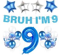 LPPIIUSSU 9th Birthday Decorations Balloon Boys - 18 Pcs Blue Bruh I'M 9 Glitter Banner Number Foil Latex Balloons Party for Girls 9 Years Old Birthday Celebration Decor Supplies