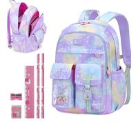 LPQKCcY Girls Backpack School Bag with Stationery Set, Kids Toddler Rucksack Large Capacity Backpacks, Waterproof Lightweight Primary Book Bags for Teens 8-10 Years Old (Purple)