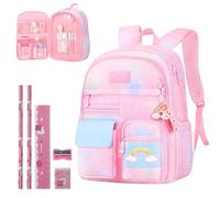 LPQKCcY Girls Backpack School Bag with Stationery Set, Refrigerator Door Kids Toddler Rucksack Large Capacity Backpacks, Waterproof Lightweight Primary Book Bags for Teens 8-10 Years Old (Pink)