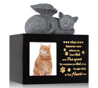 LPREUTWN Pet Urns for Ashes, Black Wooden Cat Urns for Ashes with Cat Angel, Cat Memorial Keepsake Memory Box with Photo Frame, Loss Pet Sympathy Remembrance Gift (Medium - Memory)