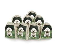 LPSADGF 8 PCS Bichon Frise Dog on The Grass Drawstring Gift Bags Reusable Cotton Linen Storage Pouches for Christmas, Weddings, Parties, Favors 4.9"x6.7" Small Burlap Bags