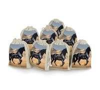 LPSADGF 8 PCS Black Arabian Horse Drawstring Gift Bags Reusable Cotton Linen Storage Pouches for Christmas, Weddings, Parties, Favors 4.9"x6.7" Small Burlap Bags