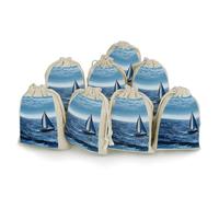 LPSADGF 8 PCS Blue Sea Sailboat Drawstring Gift Bags Reusable Cotton Linen Storage Pouches for Christmas, Weddings, Parties, Favors 4.9"x6.7" Small Burlap Bags