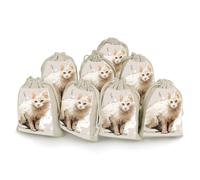LPSADGF 8 PCS White Cat Pictures Drawstring Gift Bags Reusable Cotton Linen Storage Pouches for Christmas, Weddings, Parties, Favors 4.9"x6.7" Small Burlap Bags
