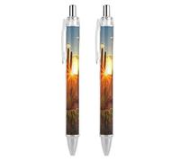 LPSADGF Ballpoint Pens 2 PCS, Sunset Cactus in Desert Retractable Smooth Writing Pens with Quick-Drying Ink, Comfort Grip Office Black Pens for Everyday Use, Bulk Office Supplies for Professionals