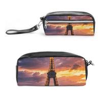 LPSADGF Beautiful Eiffel Tower Paris Pencil Case & Travel Makeup Bag Leather Pencil Pouch 2 Compartment Cosmetic Bag Portable Stationery Organizer for Supplies Office Travel Organizers