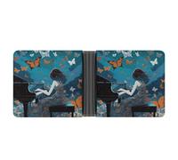 LPSADGF Black And White Cats Men's Wallet Leather Money Clip Slim Passcase With 6 Card Slots, 2 Hidden Pockets, Girl Playing Piano, One size, Modern