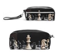 LPSADGF Black And White Chess Pencil Case & Travel Makeup Bag Leather Pencil Pouch 2 Compartment Cosmetic Bag Portable Stationery Organizer for Supplies Office Travel Organizers