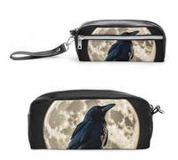 LPSADGF Black Crow on Full Moon Pencil Case & Travel Makeup Bag Leather Pencil Pouch 2 Compartment Cosmetic Bag Portable Stationery Organizer for Supplies Office Travel Organizers