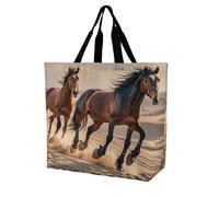 LPSADGF Colorful Bohemian Patterns Tote Bag for Women - Reusable Foldable Grocery Shopping Bag, Crossbody Shoulder Handbag, Horses Running in the Sand, 40x40x16cm