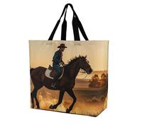LPSADGF Colorful Bohemian Patterns Tote Bag for Women - Reusable Foldable Grocery Shopping Bag, Crossbody Shoulder Handbag, Cowboys Riding Horses, 40x40x16cm