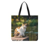LPSADGF Colorful Bohemian Patterns Tote Bags for Women Leather Handbag Makeup Bag with Magnetic Buckle Design Casual Bag, Fishing Cat, 39x39cm