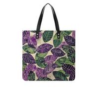 LPSADGF Colorful Spring Summer Flower Tote Bags for Women Leather Handbag Makeup Bag with Magnetic Buckle Design Casual Bag, Green and Purple Leaves, 39x39cm