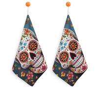 LPSADGF Colorful Sugar Skull Kitchen Hand Towels Absorbent Towels Quick-Drying Towel with Loop & Hook Soft Dish Cloths for Kitchen & Bathroom 2PCS