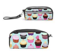 LPSADGF Cupcake Patterns Pencil Case - Large Capacity Pencil Pouch with Double Compartments PU Leather Zippered Organizer Bag for Office & Travel | Water-Resistant Cosmetic Makeup Bag