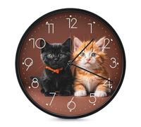 LPSADGF Cute Kitten Black and Orange Cat Wall Clock, Modern Small Wall Clocks 10 Inch, Round Silent Non-Ticking Analog Classic for Office, Home, Bathroom, Kitchen, Bedroom