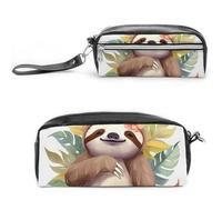 LPSADGF Cute Sloth Leaves Pencil Case - Large Capacity Pencil Pouch with Double Compartments PU Leather Zippered Organizer Bag for Office & Travel | Water-Resistant Cosmetic Makeup Bag