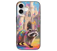 LPSADGF Fairy Castle Raccoon for iPhone 16 Case, Slim Tempered Glass Back Protective Cover, Soft TPU Shockproof Protective Phone Case Black